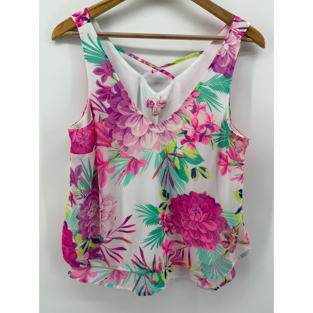 Candies Womens Floral V-Neck Sleeveless Tank Top Strappy Back Pink Large